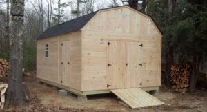 "Backyard showing a well-placed storage shed with sunlight, clear access path, and good drainage."